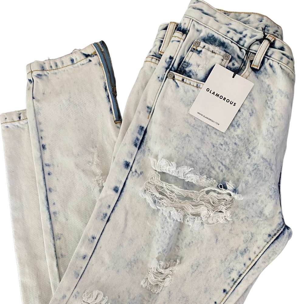 Glamorous Extreme Ripped Straight Jeans Size L Zipper Ankle Acid Wash